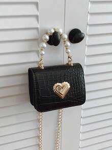 1pc Girl's Crocodile Embossed PU Twist Lock Closure Fashion Handbag, Suitable For Spring/Summer Daily Use - Black - View 4