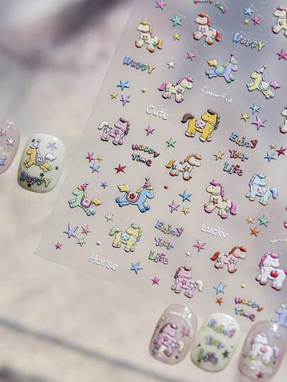 1 Piece Of 5D Relief Cartoon Little Horse, Running Horse, Five Pointed Star, Dopamine Colored Five Pointed Star, Colored Dots, DIY Nail Art Stickers, DIY Nail Decoration