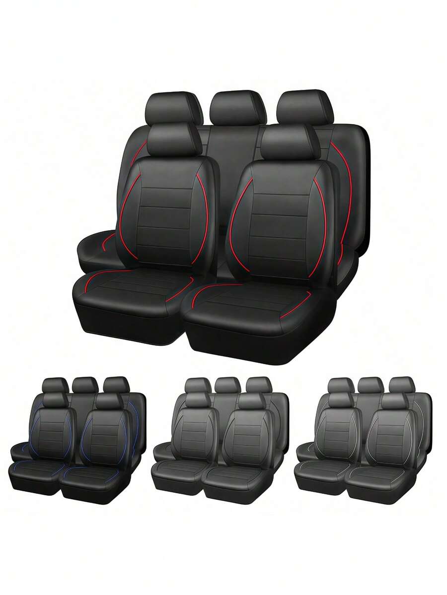 9件套/4件套汽车座椅套，PU皮革，防水透气，通用型，适用于大多数轿车、SUV、卡车，豪华前排座椅套带腰部支撑，四季通用，全套座椅套 - 款式A - 查看 1