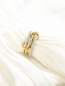 18K镀金立方氧化锆叠戴戒指，男女通用银色和金色混合金属互扣戒指套装，防褪色 - 彩色 - 查看 5