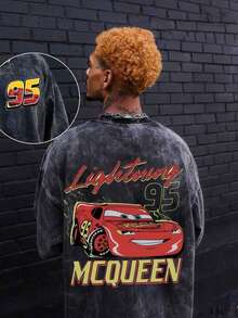 Disney Lightning Mcqueen Printed Summer Heavyweight Retro Washed Street Fashion Casual T-Shirt , Round Neck, Stretchy, Suitable For Daily Wear, Easy Care, Fashionable Casual Men's T-Shirt, Short Sleeve Tee, Breathable And Light, For Sports And Leisure Wear, Suitable For Gifts, For Parties. - 黑色 - 查看 1