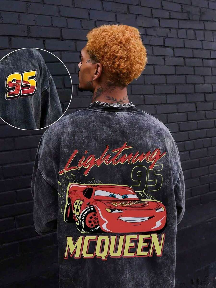 Disney Lightning Mcqueen Printed Summer Heavyweight Retro Washed Street Fashion Casual T-Shirt , Round Neck, Stretchy, Suitable For Daily Wear, Easy Care, Fashionable Casual Men's T-Shirt, Short Sleeve Tee, Breathable And Light, For Sports And Leisure Wear, Suitable For Gifts, For Parties. - 黑色 - 查看 1