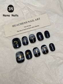 1包/10片手绘星空新月美甲贴片 | 艺术感十足、个性可爱的短款假指甲，饰以趣味星系涂鸦 - 独特设计 - 黑色 - 查看 3