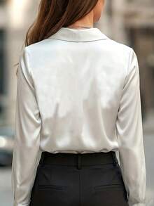 Áo sơ mi dài tay cỡ lớn chất liệu satin twill, cổ áo xếp ly thanh lịch, phù hợp cho công sở và hoạt động ngoài trời, màu trắng mùa xuân/thu. - trắng - Xem 2
