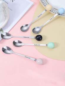 5pcs Customizable Creative Round Ball High-Quality Ceramic Handle Stainless Steel Teaspoons - Multicolor - View 3