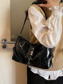 This Fashionable Modern Women's Shoulder Bag Features Metal Decorative Straps, A Unique High-End Design With Metal Buckle Details, And A Contemporary Commuter-Style All-Black Color Scheme. - Black - View 5