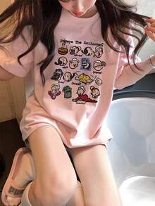 Nueva camiseta de manga corta con estampado de dibujos animados retro, diseño único de ajuste ceñido, casual y adecuada para el verano - Rosa Pálido - Ver 4