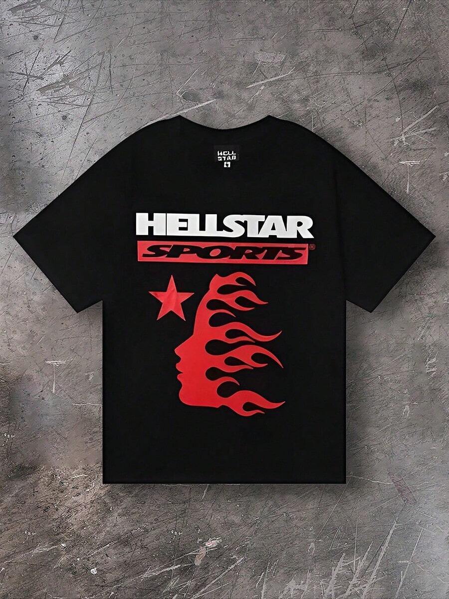 Men's T-Shirt Short Sleeve Crew Neck_ HELL STAR Sports Flame Portrait & FAMILY Slogan Double-Sided Print Relaxed Fit 220g 100 Percent Cotton Daily Casual 2026 Retro Cool Style Summer Outfits Graphic Funny T Shirt Vintage Casual Outing Outfits  Printed & Shipped In USA - 黑色 - 查看 1