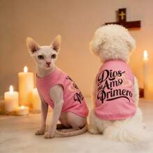 1pc Pet Dog Vest, Pink Letter Heart Print "God Loves Me" Christian Pet Vest, Lightweight Breathable Pet Apparel For Small/Medium Cats & Dogs, Summer - Pink - View 1