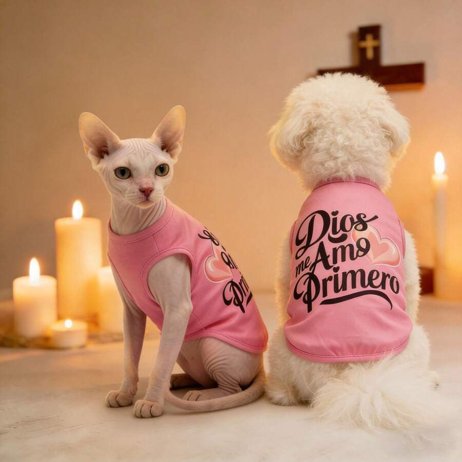 1pc Pet Dog Vest, Pink Letter Heart Print "God Loves Me" Christian Pet Vest, Lightweight Breathable Pet Apparel For Small/Medium Cats & Dogs, Summer - Pink - View 1
