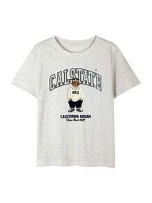 Camiseta de manga corta de diseño suelto y casual con estampado de letras y dibujos animados de cuello redondo para mujer, nueva para el verano - Gris claro - Ver 3