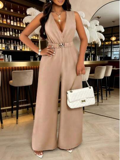 AIJ Amarilo Women's New Summer Elegant V-Neck Jumpsuit With Metal Buckle Waist & Wide Legs, Vacation & Commute Wear