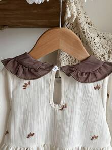 1pc Baby Girls' Casual Almond Leaf Pattern Long Sleeve Smock Dress, Suitable For Everyday Wear - Apricot - View 5