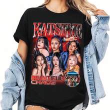 KPop Katseye Print Crew Neck T Shirts Bootleg Graphic Short Sleeve - 黑色 - 查看 1