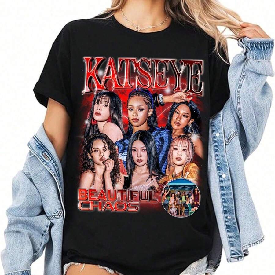 KPop Katseye Print Crew Neck T Shirts Bootleg Graphic Short Sleeve - 黑色 - 查看 1