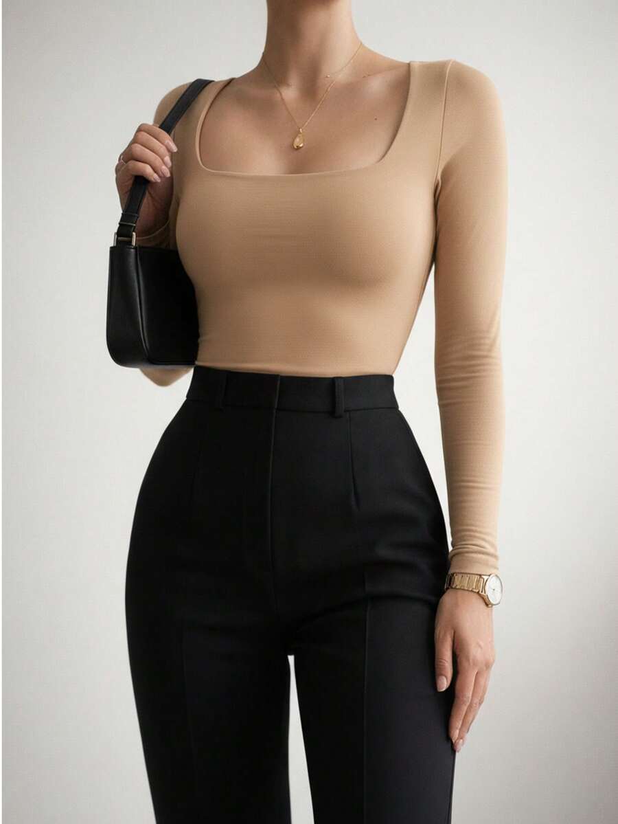 Women's Long Sleeve Square Neck Bodysuit In Spandex, Autumn/Winter Style, Immediate Shipping, Various Colors, Plus Size, One Size Fits All, Chic And Elegant - Màu be - Xem 1
