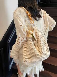 Red Woven Bag With Elegant Niche Crochet Cotton Yarn Straw Bag, New Large Capacity Underarm Bag, Vacation Style Women Handbag - Beige - View 10