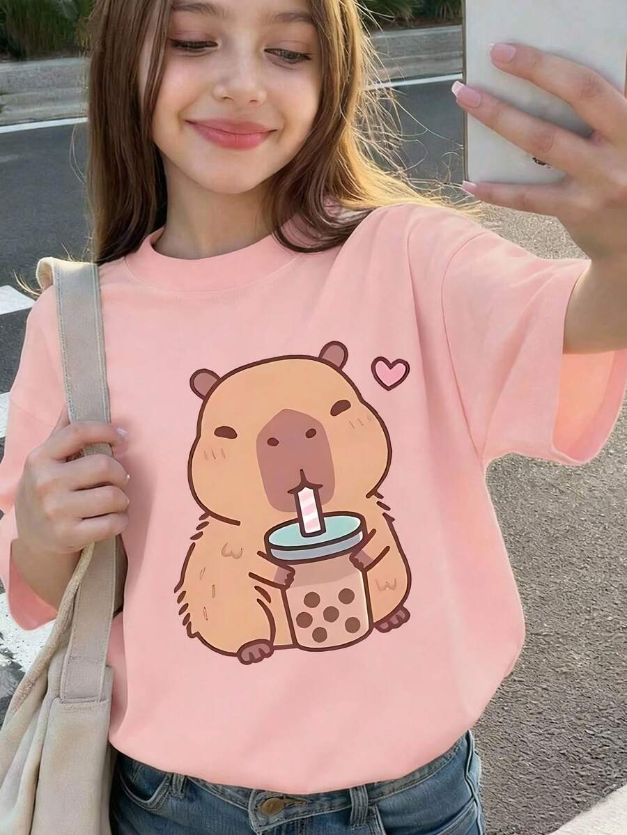 少女卡通水豚印花圆领T恤，柔软舒适，春夏休闲上衣 - 粉色 - 查看 1