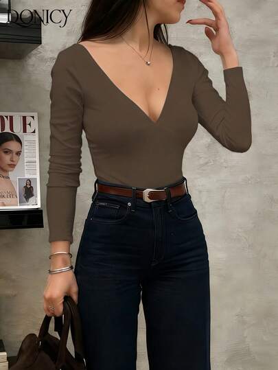DONICY Women's Solid Color Deep V-Neck Backless Long Sleeve T-Shirt, Basic Top, Deep V Versatile Style, Suitable For Spring/Summer Outings, Dates, Gatherings, Layering, Casual Business, Home Leisure Wear