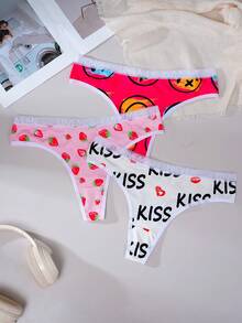 3条装女士可爱印花透气中腰丁字裤 - 彩色 - 查看 2