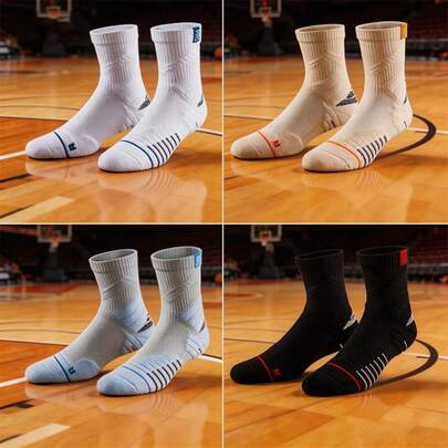 4 Pairs Professional Basketball Socks For Men, Thick Terry Cushion Mid-Calf, Anti-Slip Shock Absorbing, Moisture Wicking Sports Socks, Essential For Training