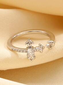 1pc Luxury Iris Flower Cross Rhinestone Adjustable Open Ring, Fashionable Elegant Minimalist Versatile, Suitable For Daily Wear, Dates, Weddings, A Gift For Her - Silver - View 2