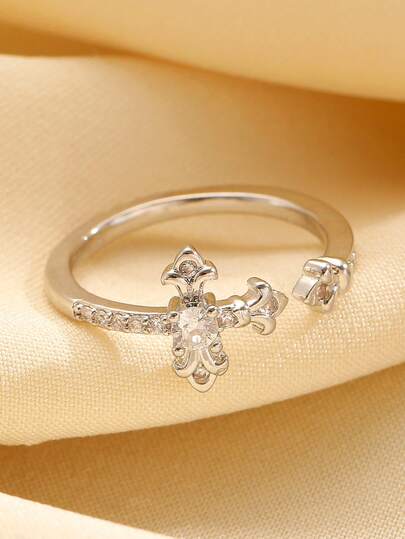 1pc Luxury Iris Flower Cross Rhinestone Adjustable Open Ring, Fashionable Elegant Minimalist Versatile, Suitable For Daily Wear, Dates, Weddings, A Gift For Her