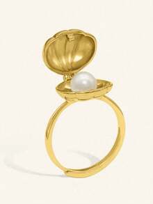 1pc Fashionable Minimalist Ocean-Inspired Faux Pearl Shell Adjustable Open Ring, Suitable For Women's Daily, Party, Vacation Wear, Holiday & Jewelry Gift - Gold - View 4