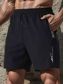 1pc Plus Size Men's Summer Quick-Dry Breathable Comfortable 4-Way Stretch Exercise Running Fitness Shorts Black - Black - View 7