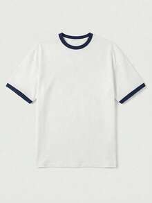 GRDR Retro Contrast Collar Round Neck Short Sleeve T-Shirt, Comfortable & Breathable For Summer - White - View 3