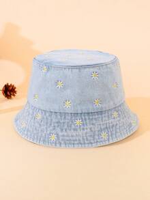 1 pieza Sombrero de cubo de mezclilla lavada con bordado de margarita de verano - 1PC - Ver 4
