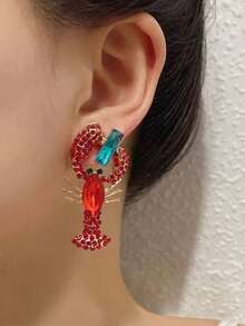 1對高端鑲鑽龍蝦和魚形耳環，鋅合金電鍍處理，女性休閒穿著的誇張耳釘 - 紅色 - 查看 2