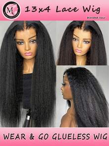 这款混纺假发由真人头发与合成纤维和蛋白质丝混合制成，采用180密度合成蕾丝前假发，卷曲直发半假发，真人混纺发丝，Yaki 13x4蕾丝半假发，真人混纺发丝，佩戴方便，无需胶水，适合初学者，卷发半假发，抽绳头带假发，女士款（波波头，8-16英寸）。 - 自然色&黑色系 - 查看 1