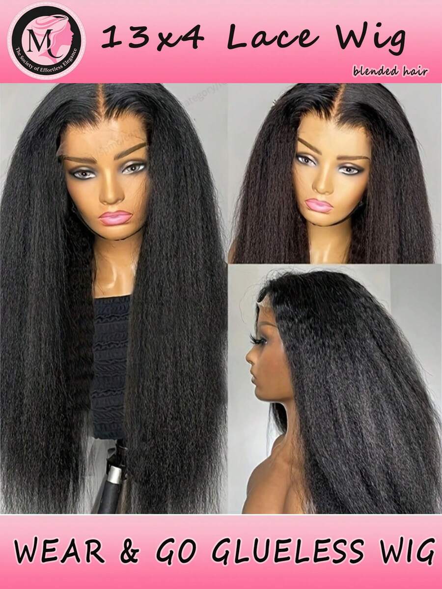 这款混纺假发由真人头发与合成纤维和蛋白质丝混合制成，采用180密度合成蕾丝前假发，卷曲直发半假发，真人混纺发丝，Yaki 13x4蕾丝半假发，真人混纺发丝，佩戴方便，无需胶水，适合初学者，卷发半假发，抽绳头带假发，女士款（波波头，8-16英寸）。 - 自然色&黑色系 - 查看 1