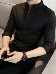 Camisa casual de lino para hombre - Negro - Ver 3