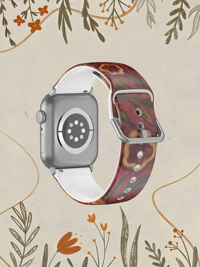 1pc Oil Painting Style Red Floral Soft Elastic Breathable Replacement Watch Band, Suitable For Samsung, Honor Smartwatches, 38mm 40mm 41mm 42mm 46mm 45mm 44mm 49mm, Fashionable Casual Multi-Color Silicone Watch Strap Compatible With Apple Watch Ultra SE/11/10/9/8/7/6/5/4/3/2/1