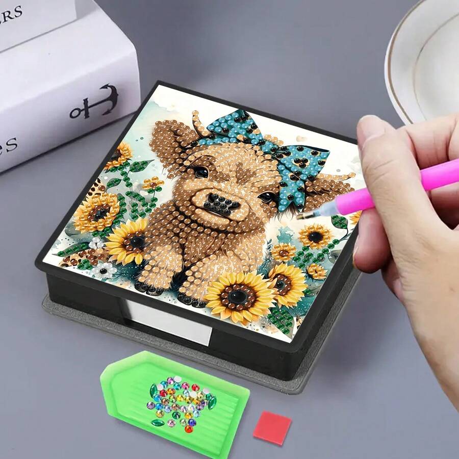1pc DIY Diamond Art Sunflower & Highland Cow Pattern, Irregular Rhinestone Embroidery Painting On Black Faux Leather Self-Adhesive Memo Pad Box With 160 Sheets, Ideal For Home, Office, School Supplies, Craft, Cute Stationery, Holiday Gift - View 1