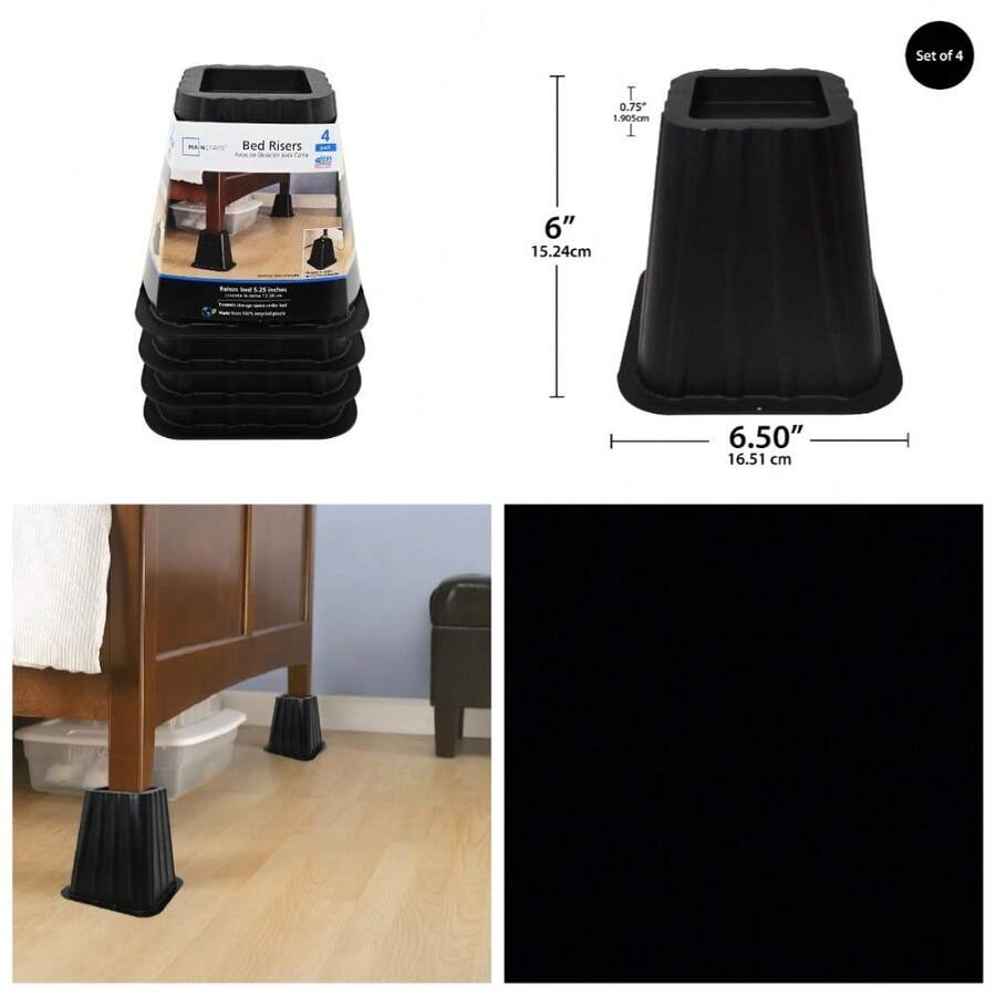 Black Plastic Bed Risers Set Of 4 Underbed Storage Support Blocks 6.5 Inch Height - 1 - View 1