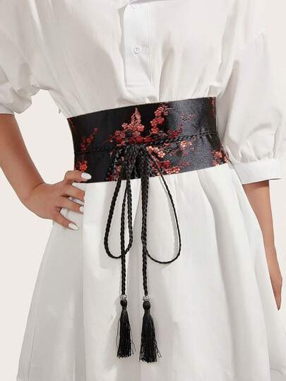 1条女士复古刺绣黑色宽腰带，传统中式风格布艺腰带，适合搭配连衣裙、休闲装，易于手洗，编织设计，可搭配连衣裙、礼服、外套，适合派对、休闲外出、校园、约会、日常通勤、圣诞节、新年等场合。