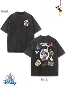 Disney Official Licensed Sorcerer Mickey Double-Sided Graphic T Shirts 100 Percent Cotton Disney Shirt Washed 230g Unisex - màu đen - Xem 1