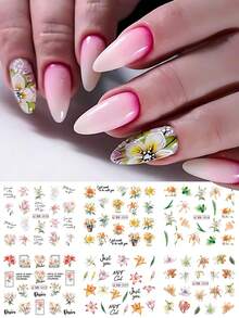 1张12款盛开百合花瓣美甲贴纸，彩色花束水转印美甲贴花，春夏水印美甲装饰，婚礼美甲用品，适合女性及节日礼物 - 彩色 - 查看 6