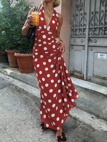 2026春夏新款时尚休闲百搭日常度假撞色波点V领露背修身长裙，波点连衣裙，春假穿搭，情人节女士穿搭，派对连衣裙，沙滩连衣裙，街头风，Y2K风格，粉色连衣裙，生日连衣裙，嘉年华服装，女士正式礼服/长裙，女士奢华晚礼服，女士休闲连衣裙，度假连衣裙，女士毕业礼服，女士婚礼宾客连衣裙，圣帕特里克节连衣裙，女士复活节连衣裙，节日连衣裙，春季优雅服饰 - 紅色 - 查看 4