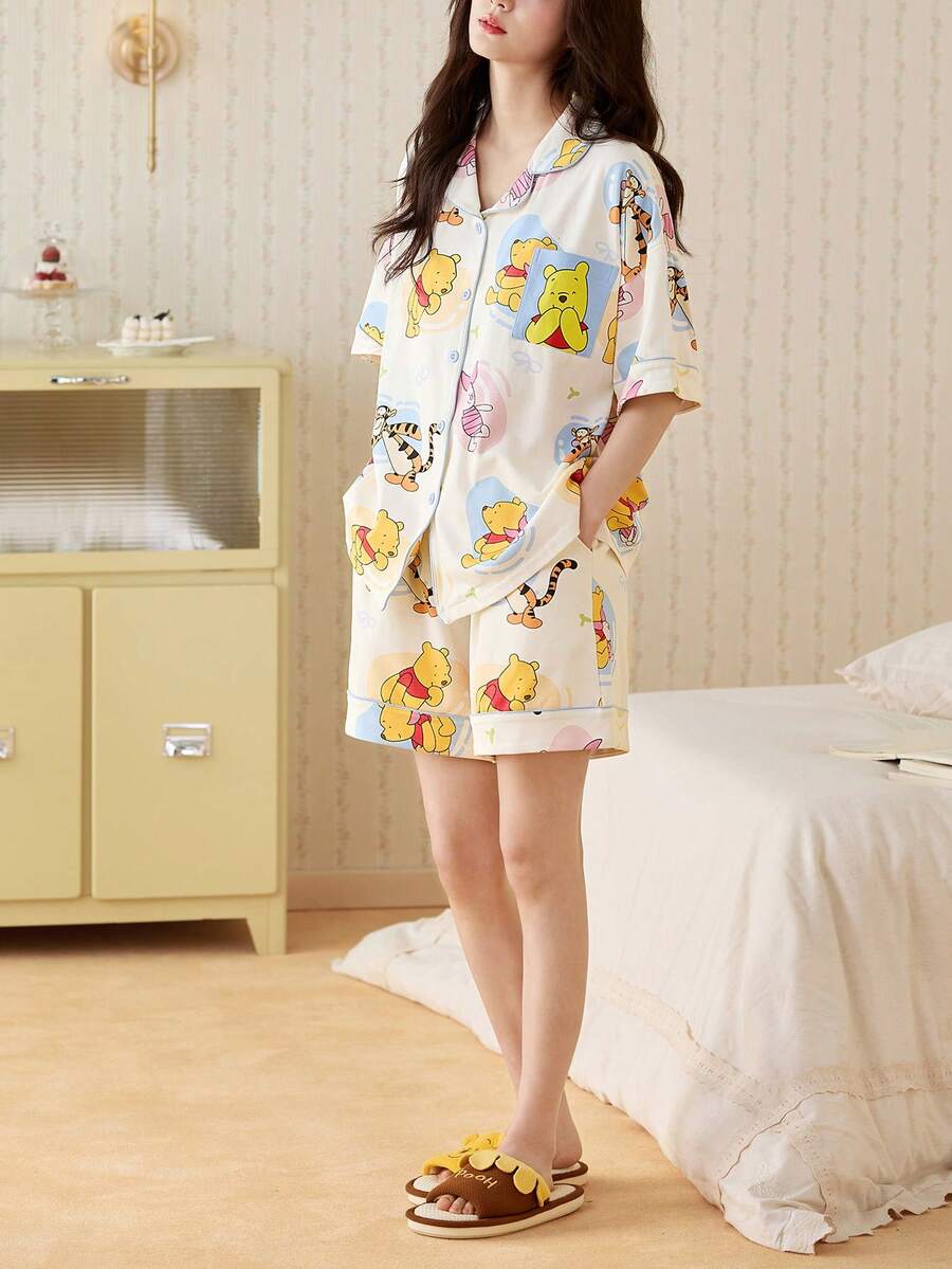 Gongdie 2pcs Disney Winnie The Pooh Women Pajama Set, 2026 Spring/Summer New Short Sleeve Loose Soft Breathable Sleepwear - Multicolor - View 1