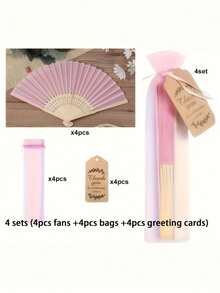Personalized Engraved White Folding Fan, Custom Lettering Fan, Personalized Wedding Fan,1 Folding Fan + 1 Mesh Bag + 1 Greeting Card. Beautiful Pink Fabric Fans In Romantic Girly Pink, Customizable With Exclusive Logo. Includes Fans, Mesh Bags, And Greeting Cards. The Perfect Gift Choice. Ladies' Handheld Folding Fans - Multicolor - View 5