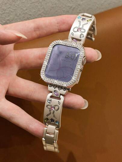 2pcs Compatible With Apple Watch Band And Case Set, Starry Color Carved Bow Crystal Diamond Metal Watch Bracelet & Multilayer Crystal Diamond Starry Color Watch Protective Case Fit For Ultra3/2/1/SE/S11/S10/S9/S8/S7/S6/S5/S4/3/S2/S1 Series, 38mm 40mm 41mm 42mm 44mm 45mm 46mm 49mm, Beach Activity Travel Party Jewelry Diamond Bracelet Watch Band Women Gift Accessories, Easter