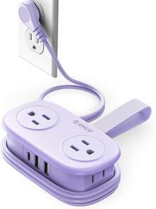 Regleta Multicontacto de Viaje Compacta, 4 Tomas con 3 Puertos USB Incluyendo 1 Tipo C, Cable Extensor de 1.6m, Diseño Pequeño Ligero, Ideal para Viajes, Hotel y Cruceros, Protección Segura Color Morado - Ver 2