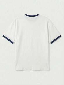 GRDR Retro Contrast Collar Round Neck Short Sleeve T-Shirt, Comfortable & Breathable For Summer - White - View 4