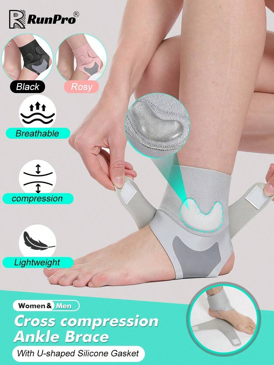 RPPR 1pc Adjustable Ankle Brace With U-Shaped Silicone Pad - 2 Hook And Loop Straps - Ankle Compression Support, Arch Support - Suitable For Workout, Gym, Sports, Running, Basketball, Volleyball! (Black/Pink/Grey) Fitness Accessory