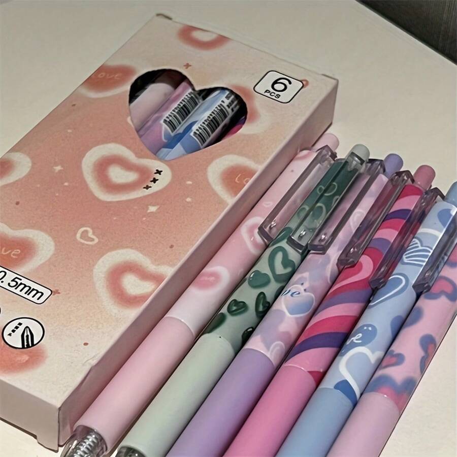 6pcs Black Heart-Shaped 0.5mm Gel Pens, High Aesthetic Value, Simple And Cute, Retractable Black Quick-Dry ST Tip Carbon Pens