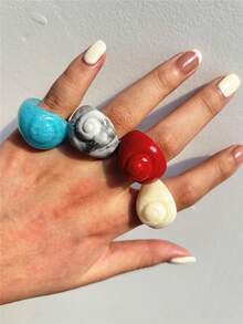 Set de 4 anillos de resina con conchas marinas de colores, lindo conjunto de anillos con elementos oceánicos, adecuado para uso diario y vacaciones en la playa - Multicolor - Ver 4